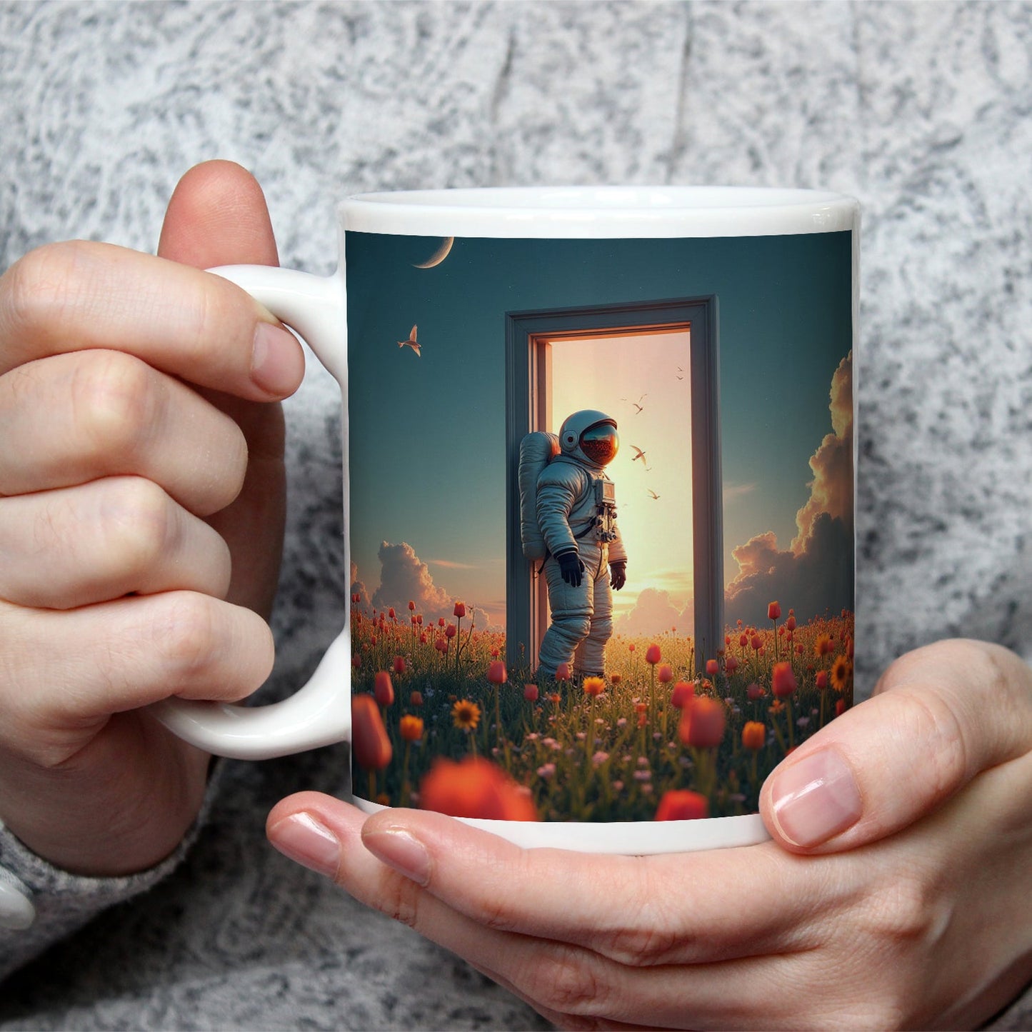 Motivtasse Astronaut tritt ein – zwischen Traum, Himmel und Tulpen. - deyoli