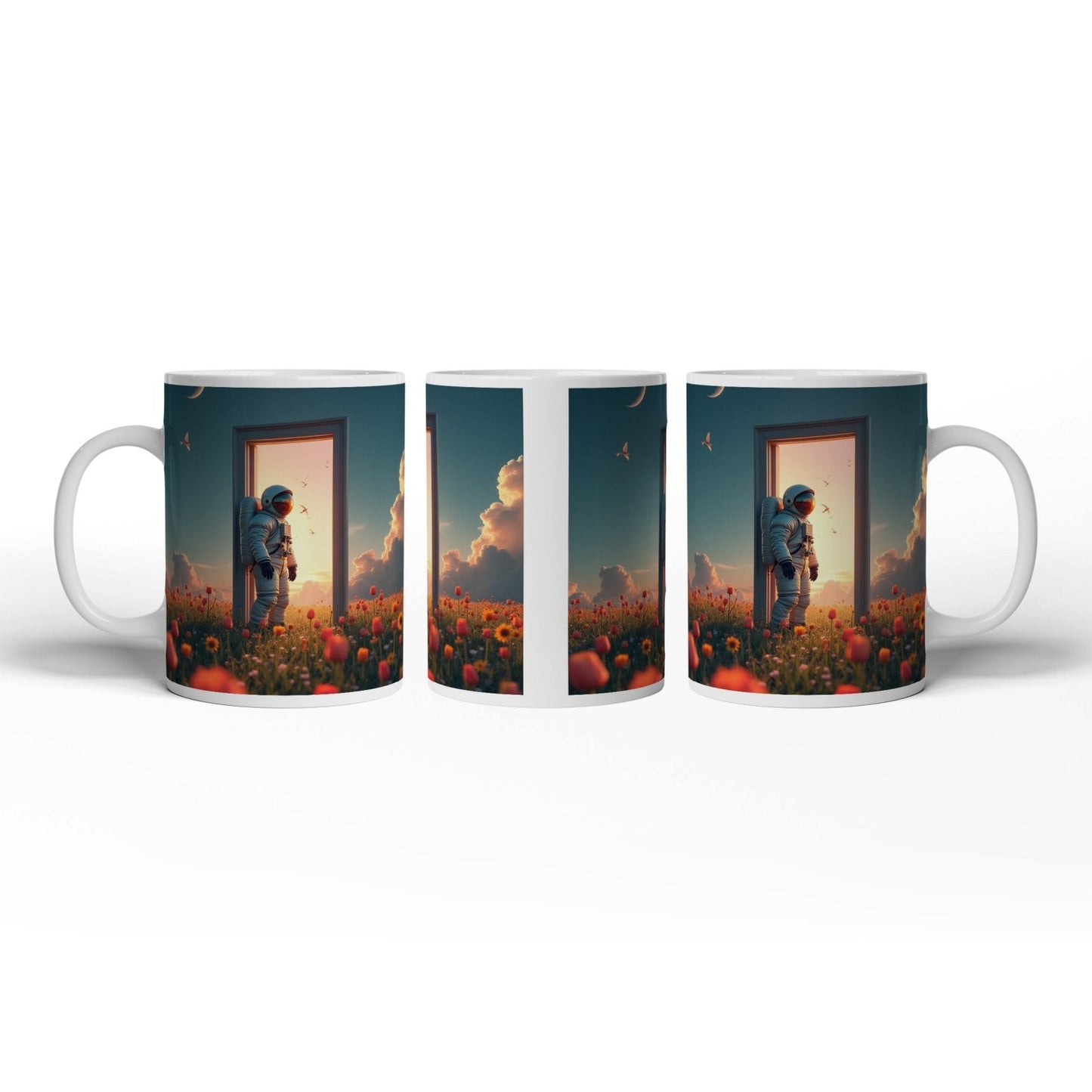 Motivtasse Astronaut tritt ein – zwischen Traum, Himmel und Tulpen. - deyoli