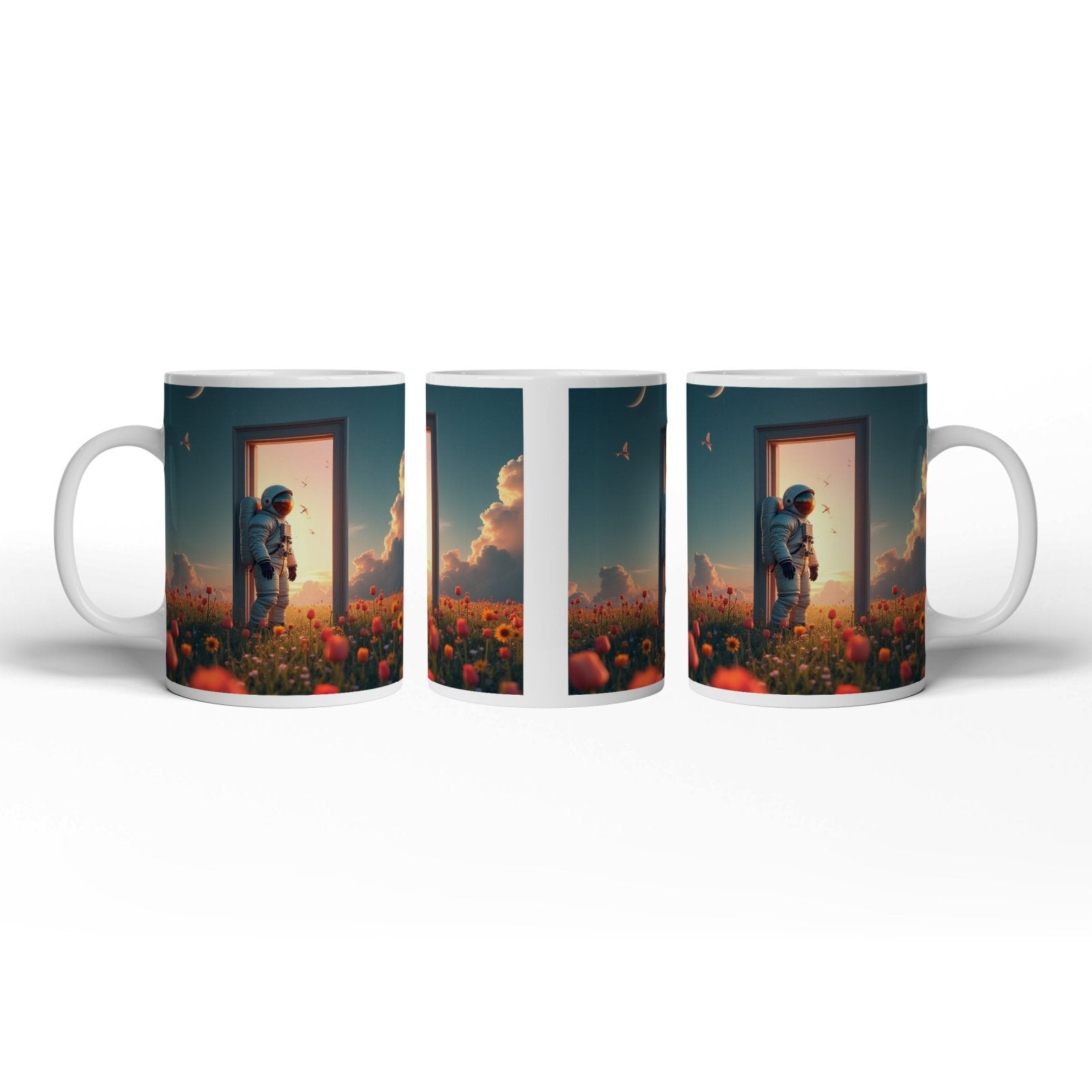 Motivtasse Astronaut tritt ein – zwischen Traum, Himmel und Tulpen. - deyoli