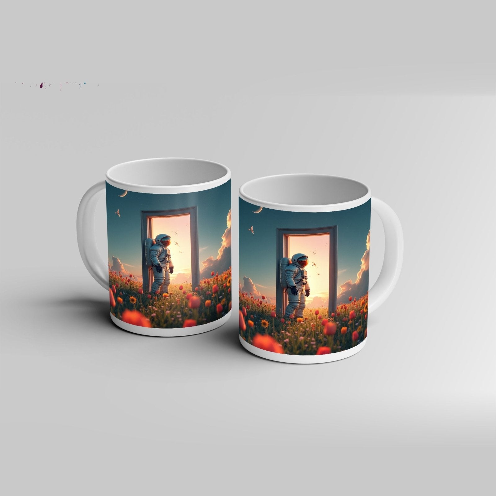 Motivtasse Astronaut tritt ein – zwischen Traum, Himmel und Tulpen. - deyoli