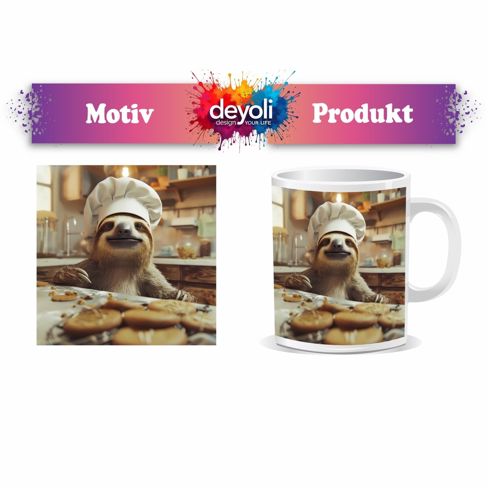 Motivtasse Backfreude im Blick – ein Faultier mit Keks - Mission. - deyoli