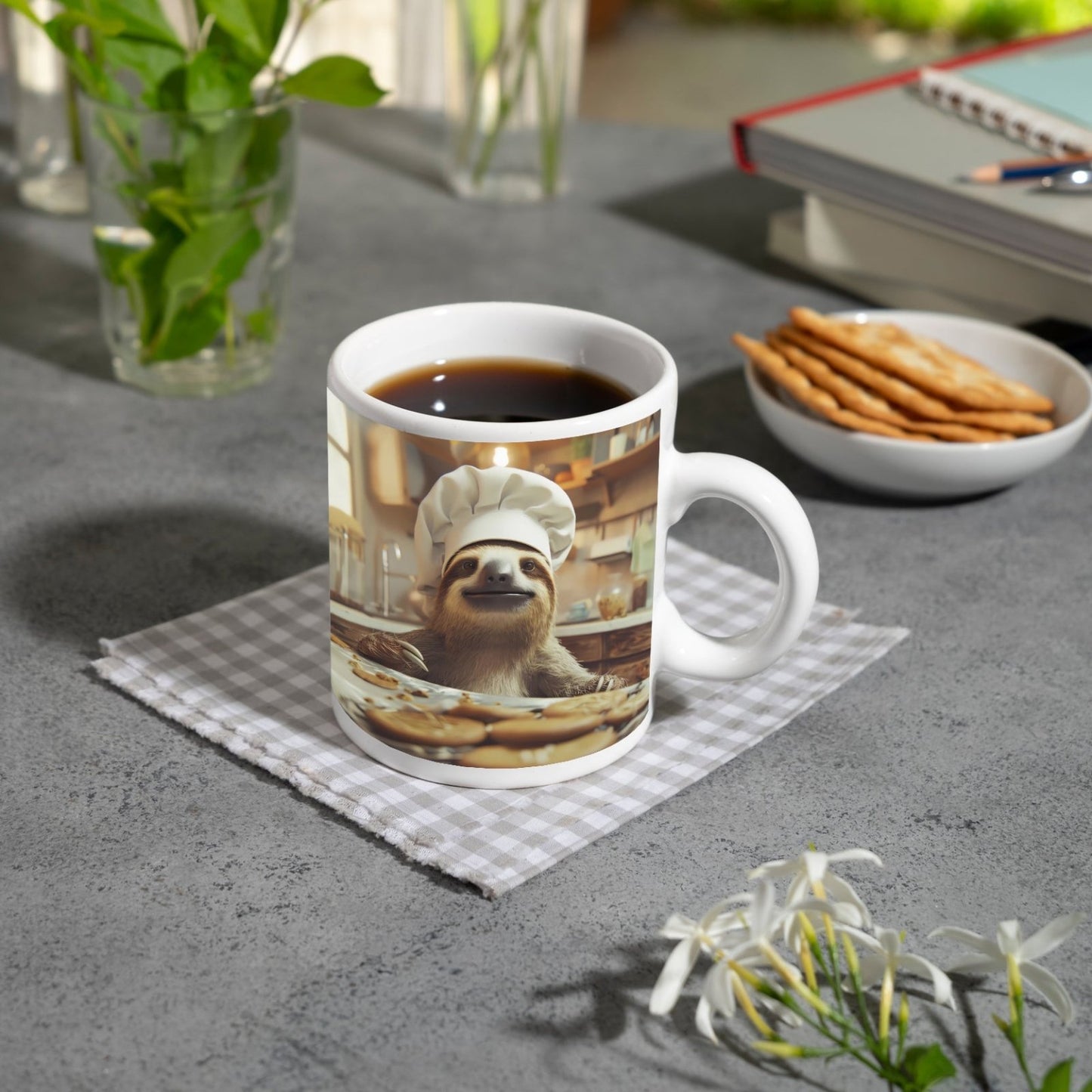Motivtasse Backfreude im Blick – ein Faultier mit Keks - Mission. - deyoli