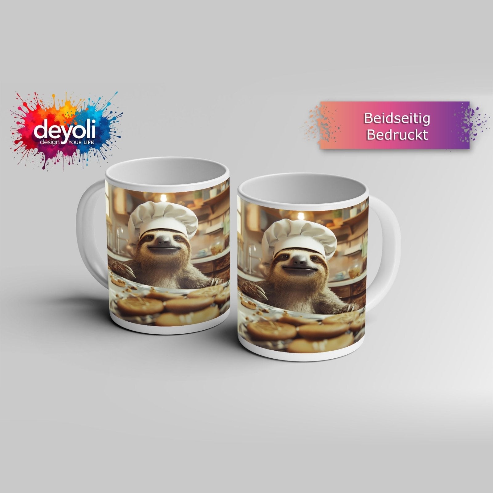 Motivtasse Backfreude im Blick – ein Faultier mit Keks - Mission. - deyoli