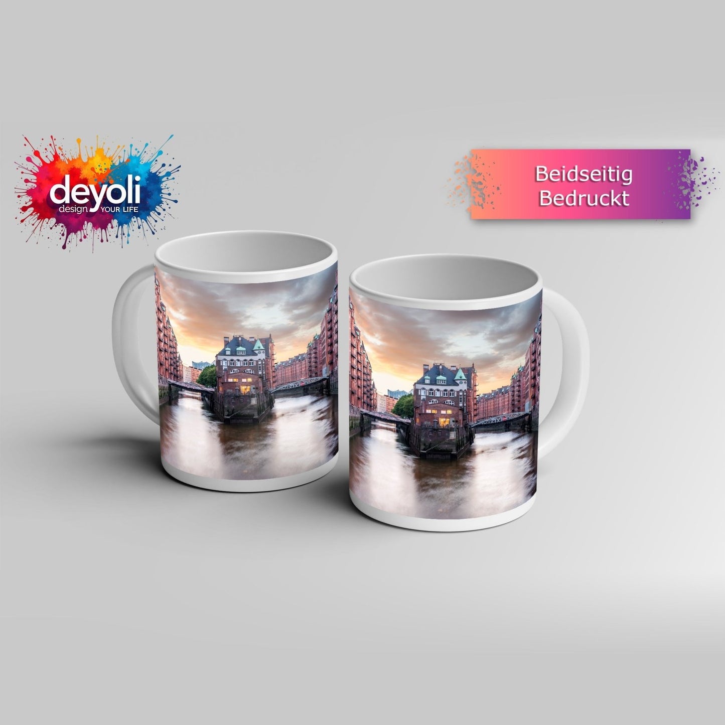 Motivtasse Backsteinromantik in Hamburgs Speicherstadt bei Sonnenuntergang. - deyoli