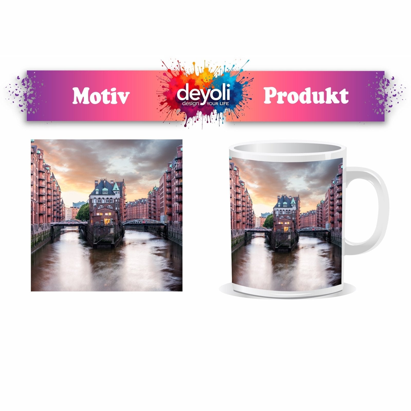 Motivtasse Backsteinromantik in Hamburgs Speicherstadt bei Sonnenuntergang. - deyoli