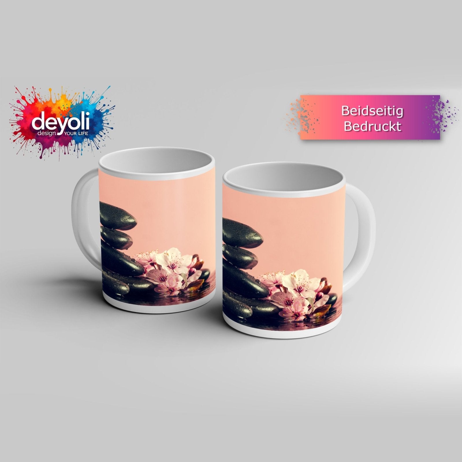Motivtasse Balance in Schwarz und Rosa – Zen trifft Frühling. - deyoli