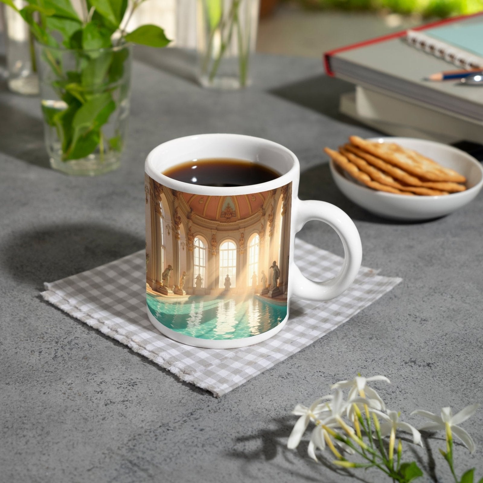 Motivtasse Barocke Badeträume – Sonnenstrahlen tanzen auf dem Wasser. - deyoli