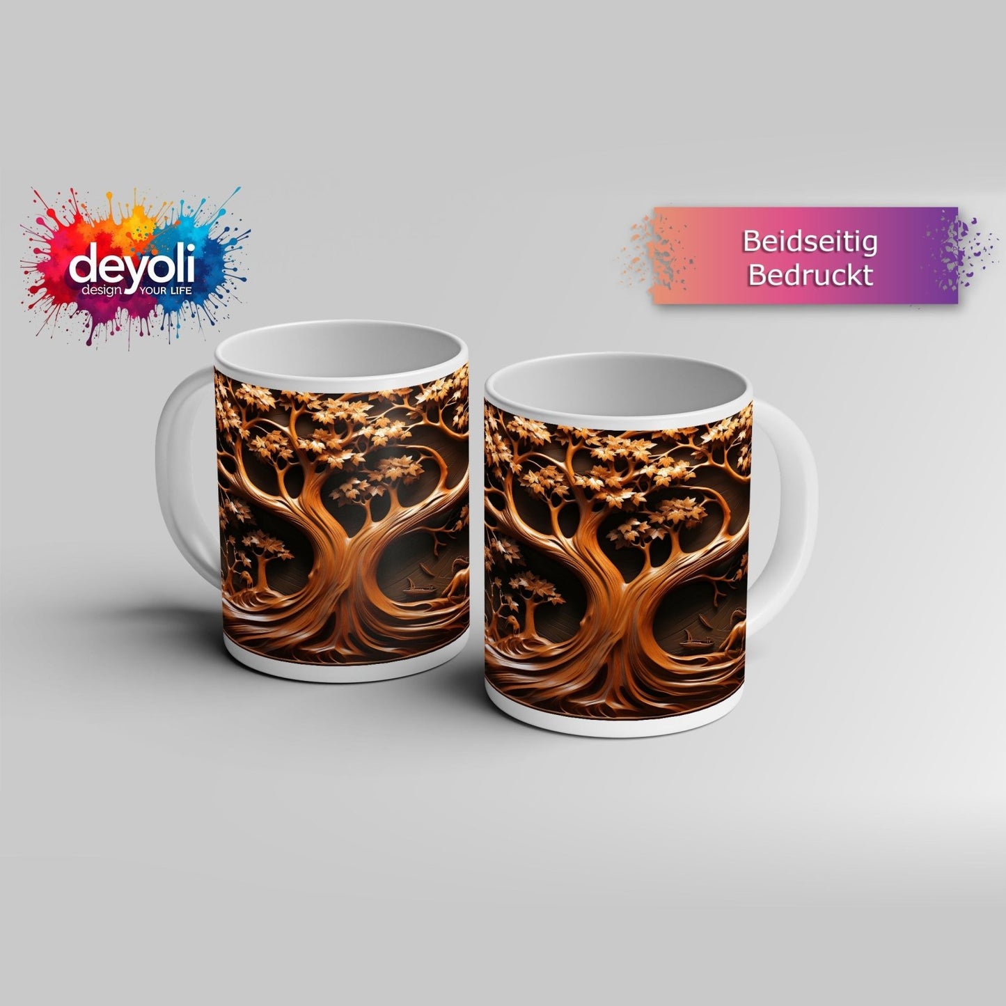 Motivtasse Baum des Lebens, kunstvoll geschnitzt in zeitlosem Holz. - deyoli
