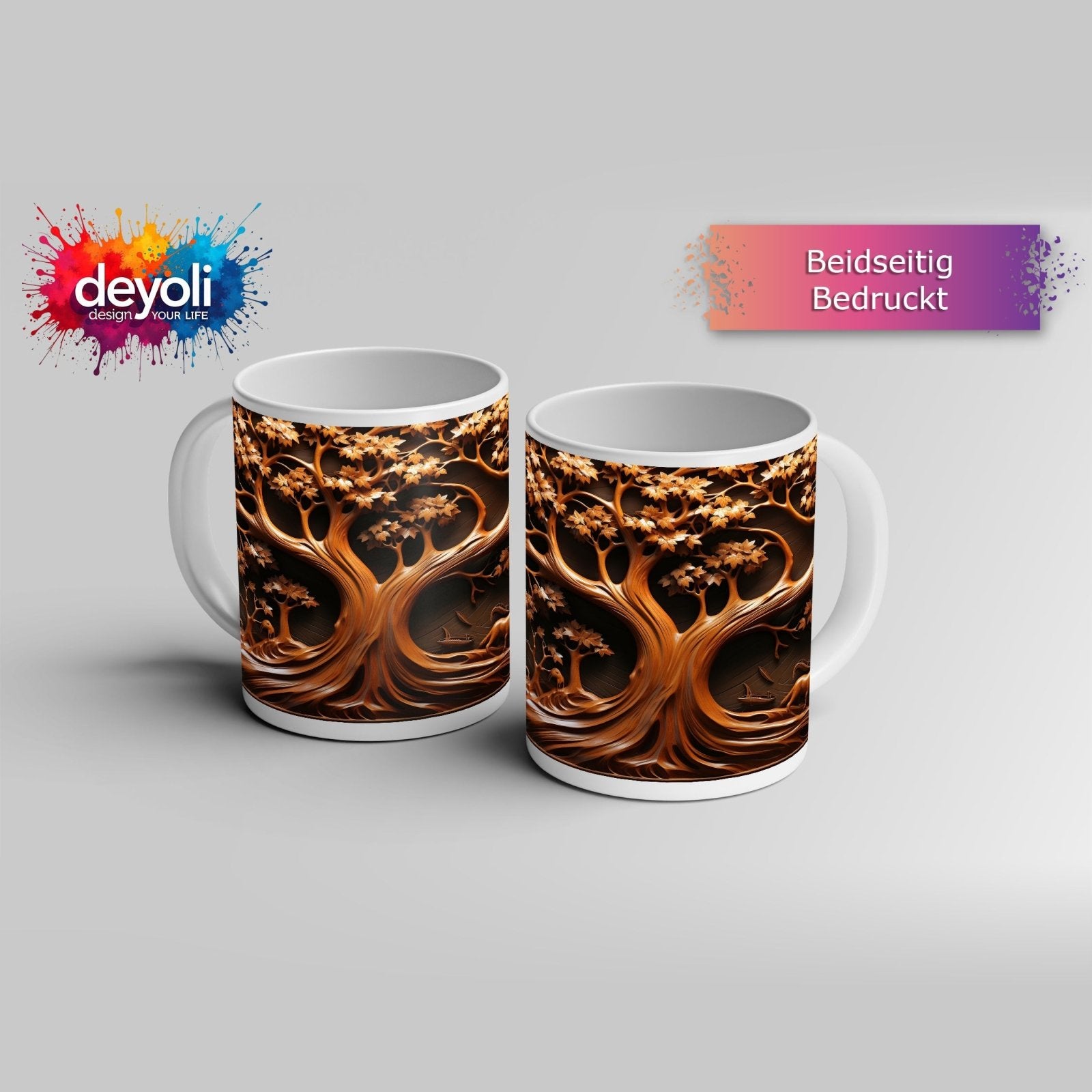 Motivtasse Baum des Lebens, kunstvoll geschnitzt in zeitlosem Holz. - deyoli