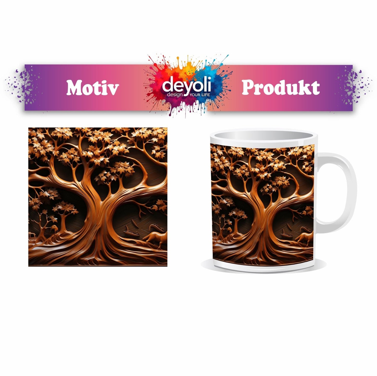 Motivtasse Baum des Lebens, kunstvoll geschnitzt in zeitlosem Holz. - deyoli