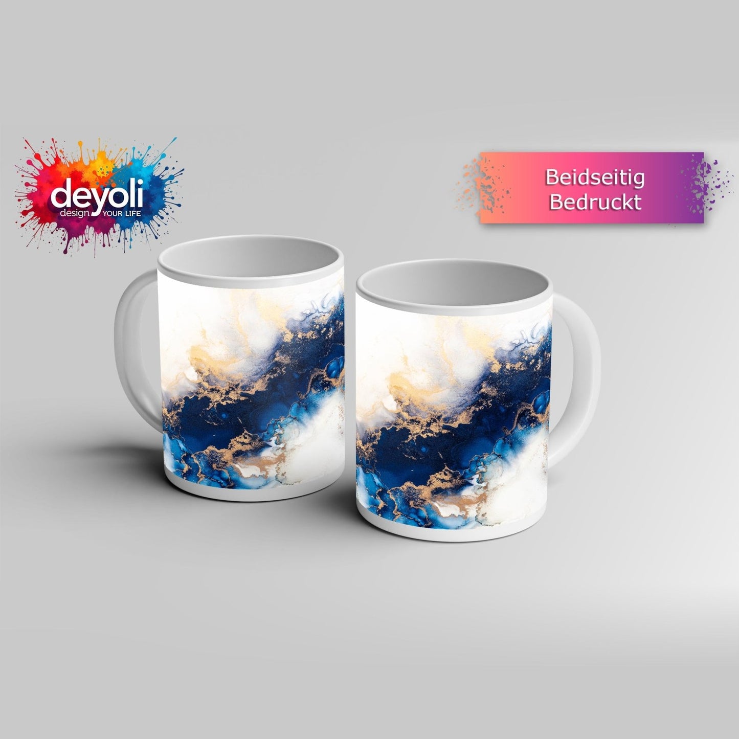 Motivtasse Blauer Strom und Gold in fließender Harmonie. - deyoli