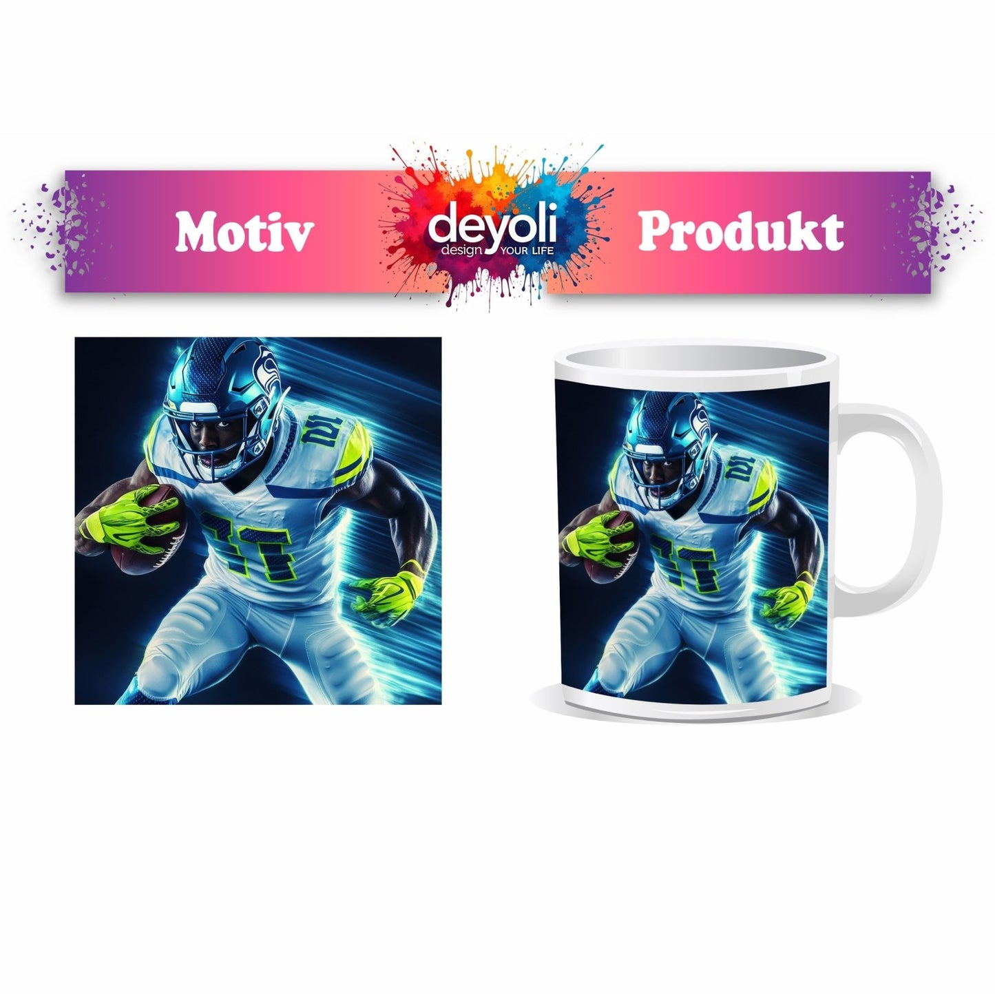 Motivtasse Blitzschnell und entschlossen – Football - Energie pur. - deyoli