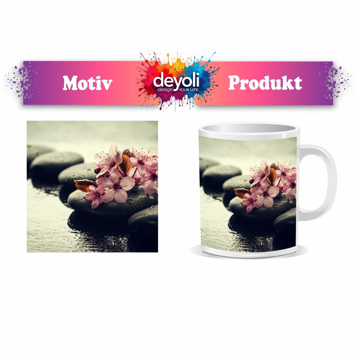 Motivtasse Blüten auf Stein – zarte Ruhe in nasser Stille. - deyoli
