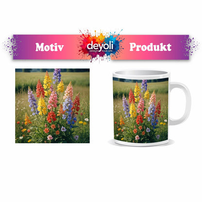 Motivtasse Blütenfeuerwerk in voller Pracht auf grüner Wiese. - deyoli