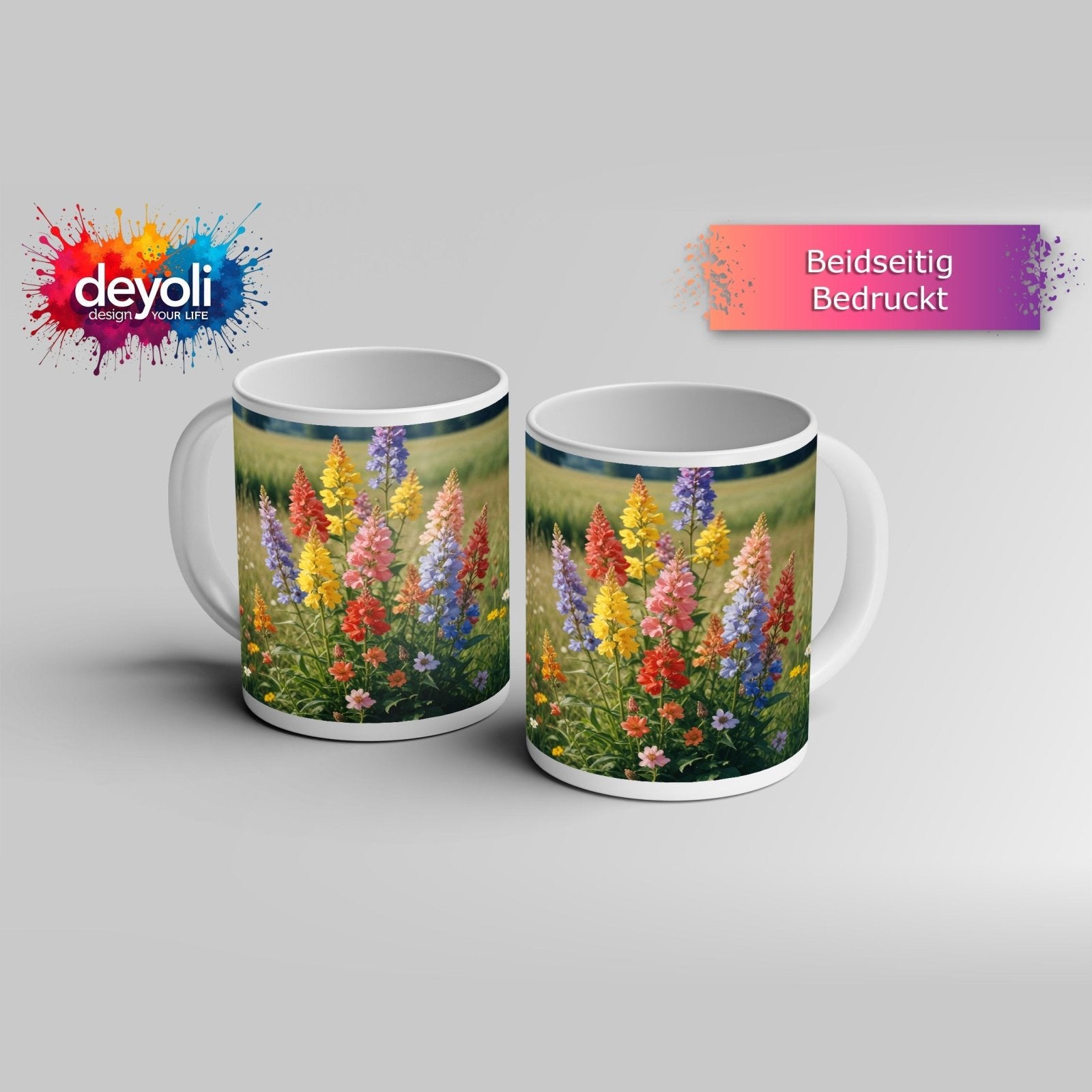 Motivtasse Blütenfeuerwerk in voller Pracht auf grüner Wiese. - deyoli