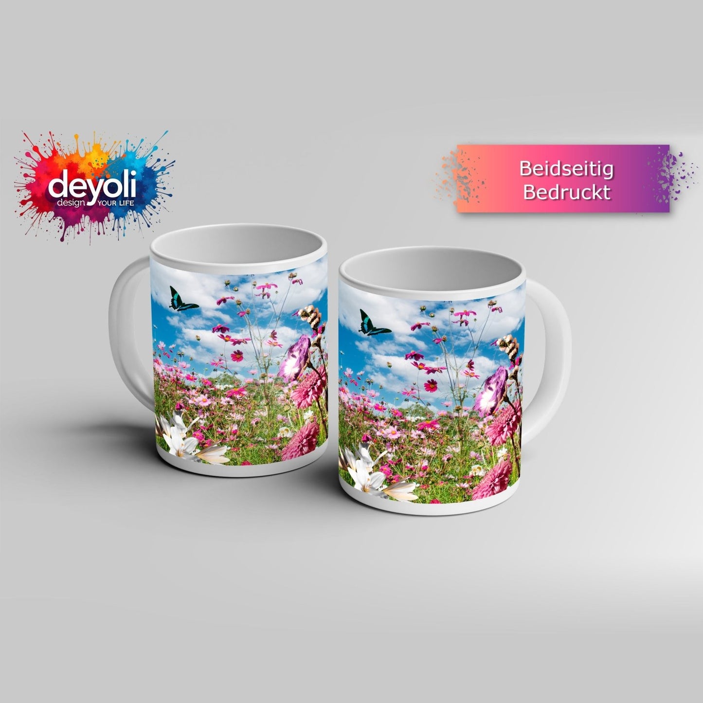 Motivtasse Blütenmeer tanzt mit Schmetterling im Hauch des Sommers. - deyoli