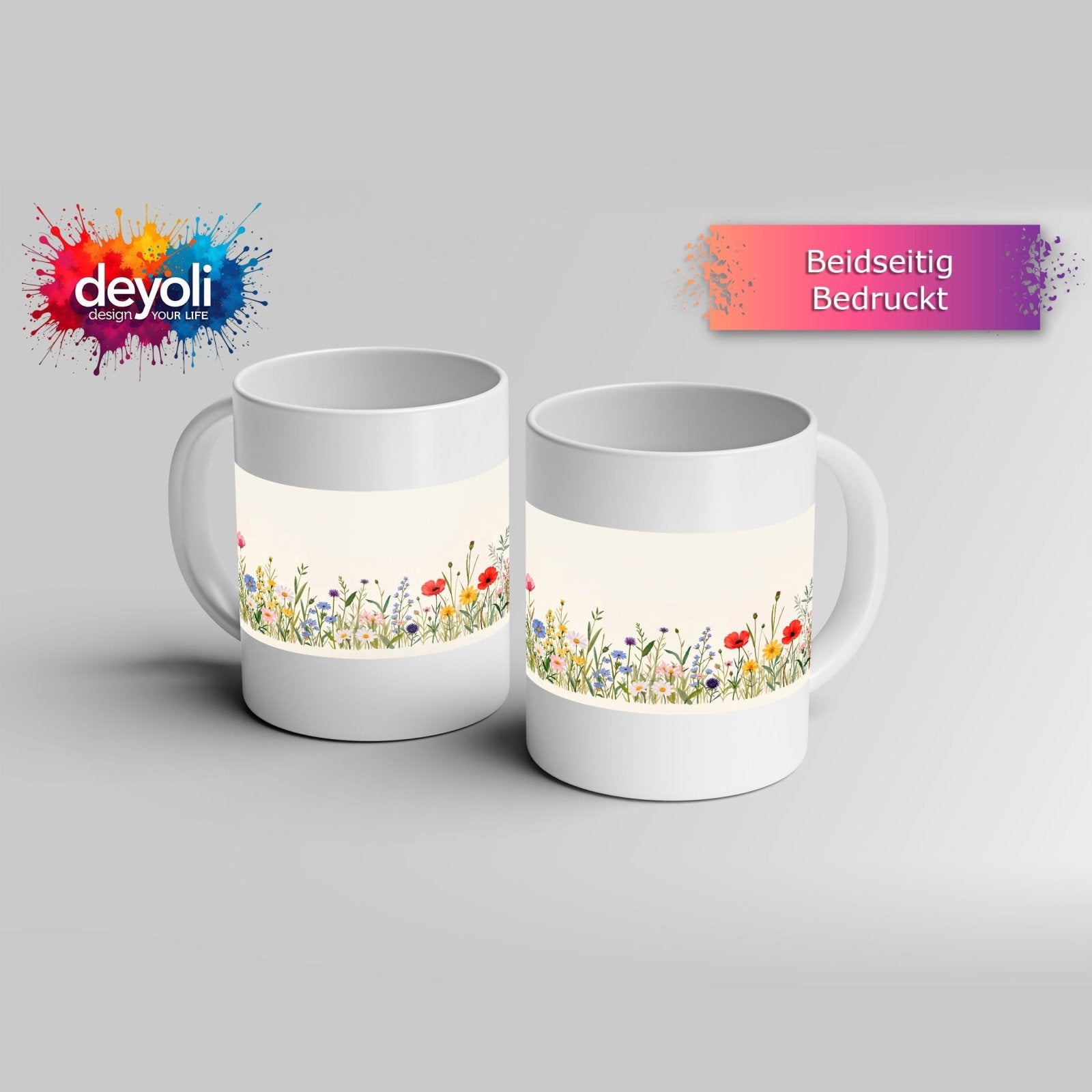 Motivtasse Blumen tanzen zart auf hellem Grund in bunter Harmonie. - deyoli