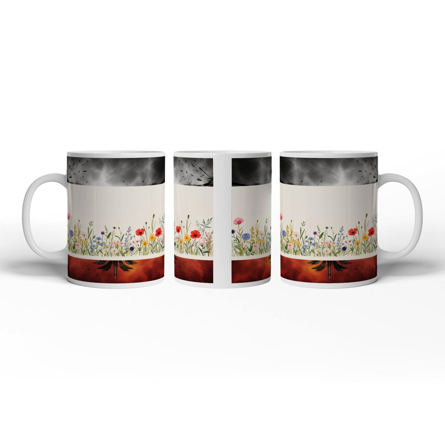 Motivtasse Blumen tanzen zart auf hellem Grund in bunter Harmonie. - deyoli