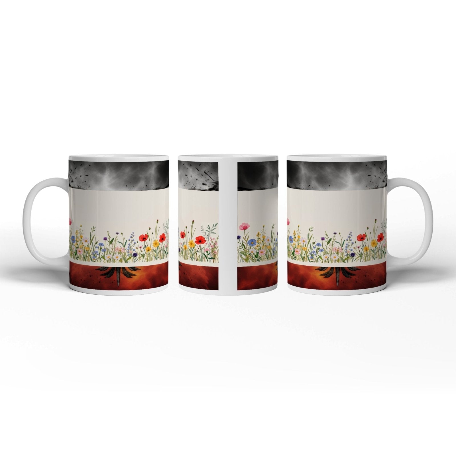 Motivtasse Blumen tanzen zart auf hellem Grund in bunter Harmonie. - deyoli