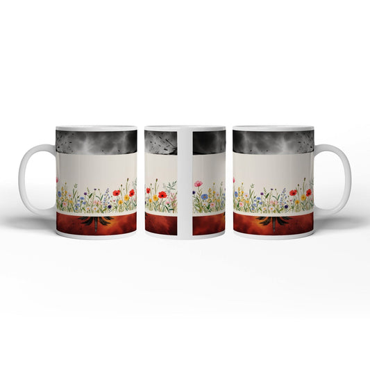 Motivtasse Blumen tanzen zart auf hellem Grund in bunter Harmonie. - deyoli