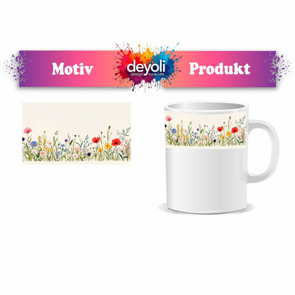Motivtasse Blumen tanzen zart auf hellem Grund in bunter Harmonie. - deyoli