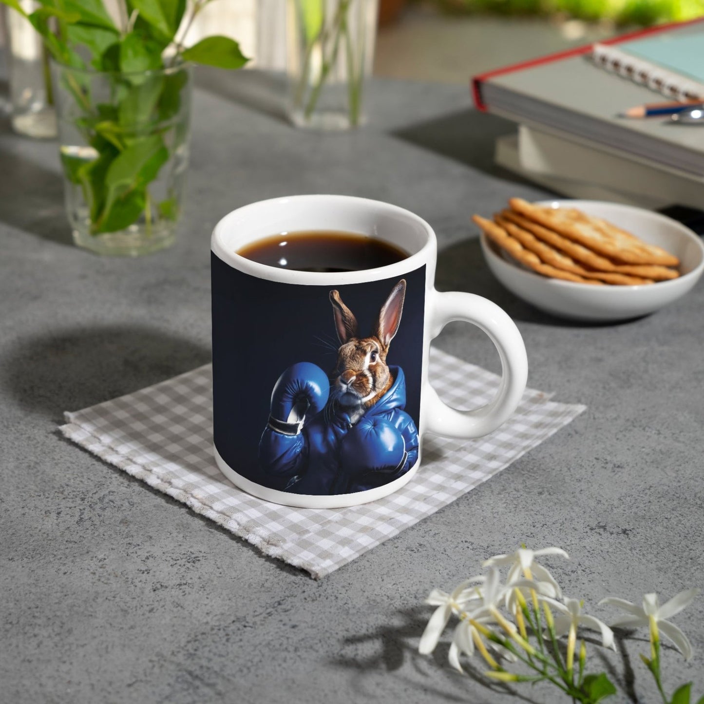 Motivtasse Boxer - Hase in Blau – süß, stark und siegessicher. - deyoli