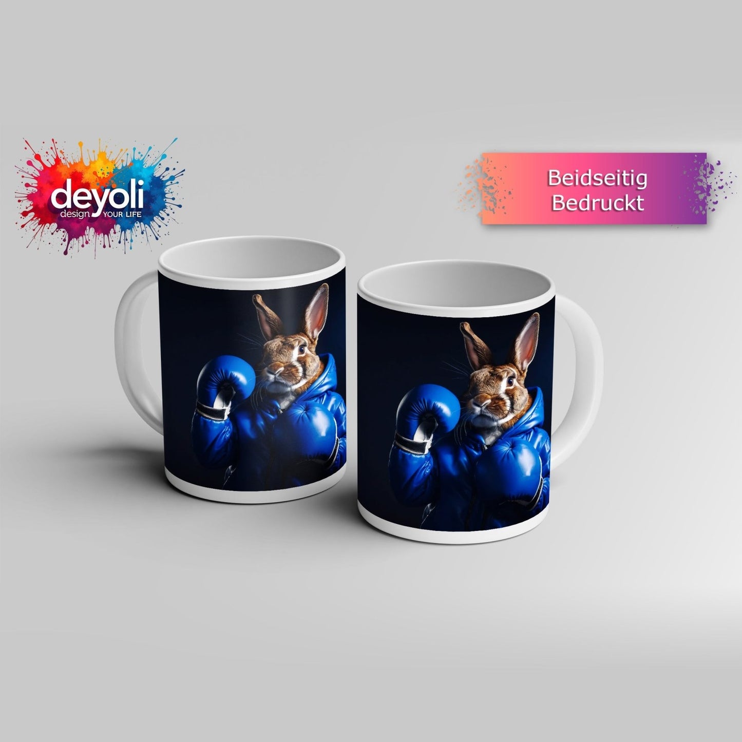 Motivtasse Boxer - Hase in Blau – süß, stark und siegessicher. - deyoli