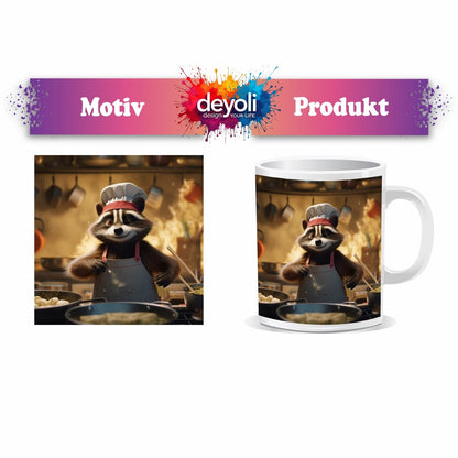 Motivtasse Chaos in der Küche – Waschbär kocht mit Feuer und Charme. - deyoli