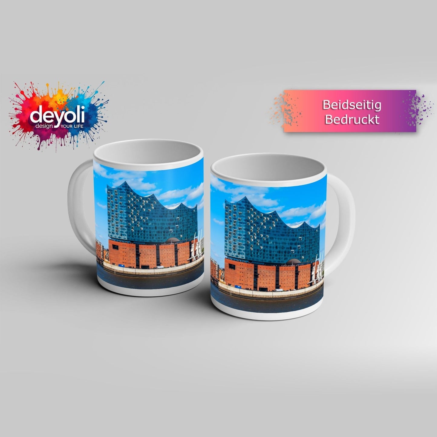 Motivtasse Die Elbphilharmonie glänzt unter klarem Himmel am Strom. - deyoli