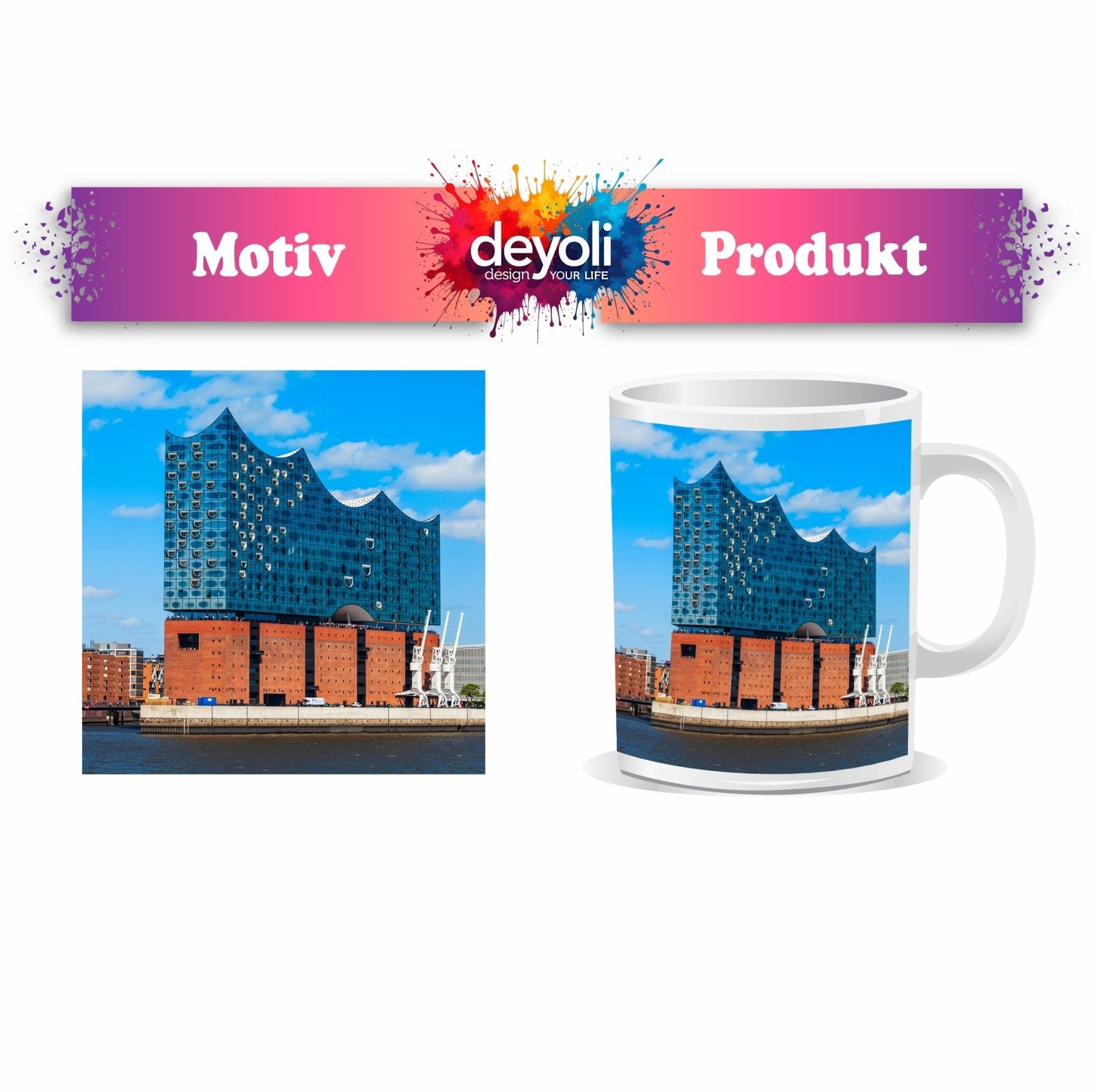 Motivtasse Die Elbphilharmonie glänzt unter klarem Himmel am Strom. - deyoli
