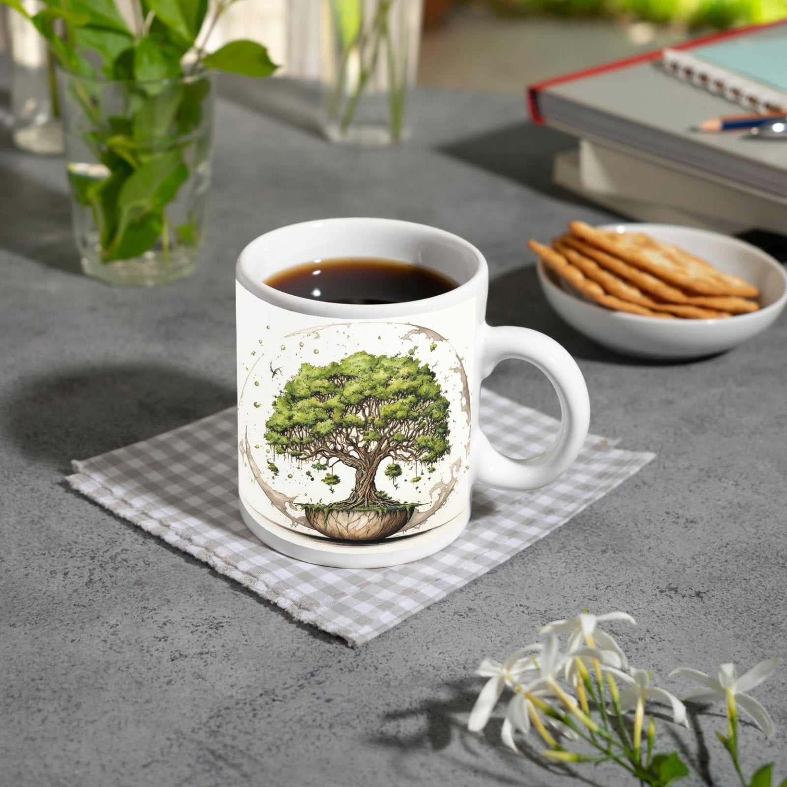 Motivtasse Ein Baum der Welten schwebt in stiller Balance. - deyoli