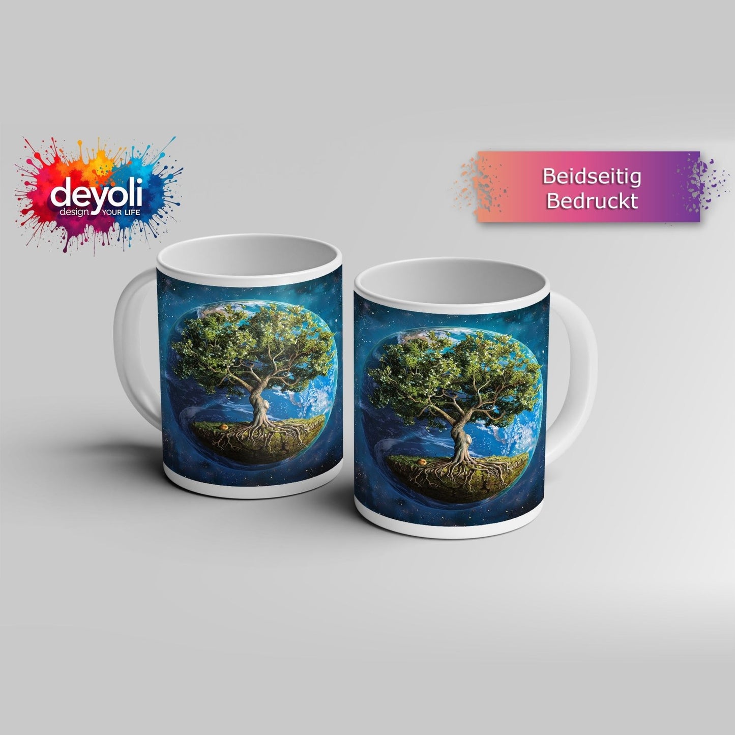 Motivtasse Ein Baum schwebt durchs All, tief verwurzelt im Sternenflug. - deyoli