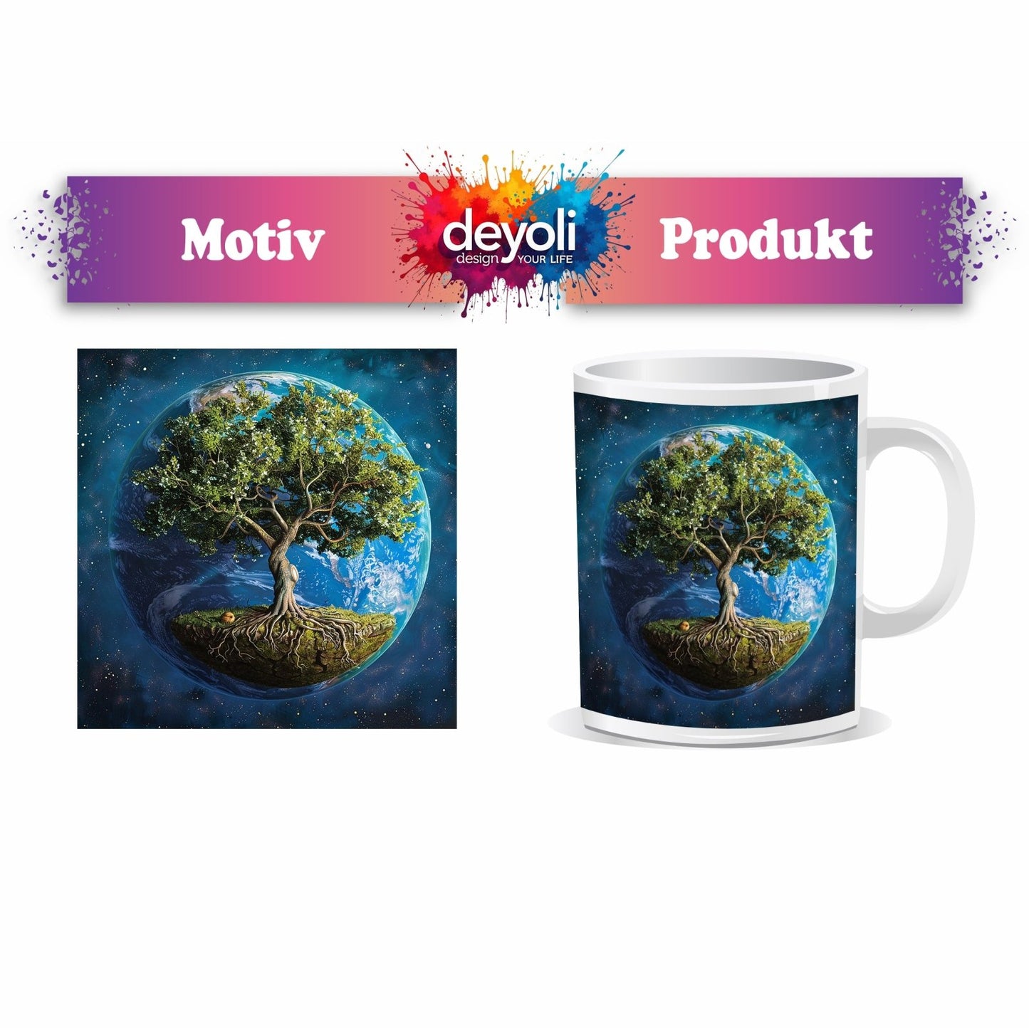 Motivtasse Ein Baum schwebt durchs All, tief verwurzelt im Sternenflug. - deyoli