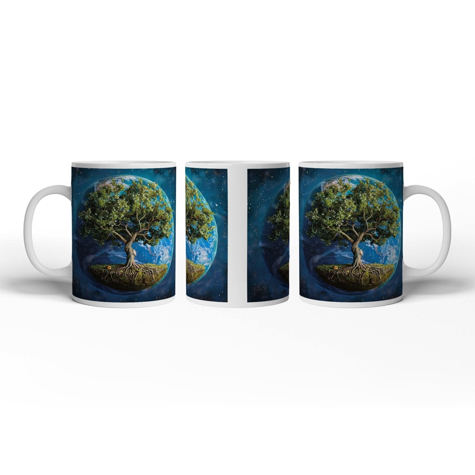 Motivtasse Ein Baum schwebt durchs All, tief verwurzelt im Sternenflug. - deyoli