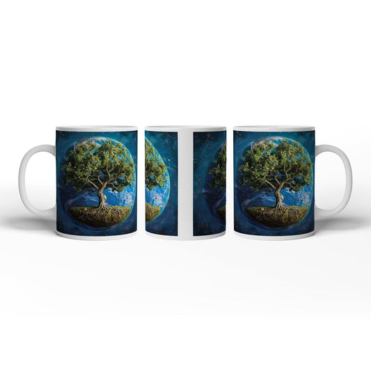 Motivtasse Ein Baum schwebt durchs All, tief verwurzelt im Sternenflug. - deyoli