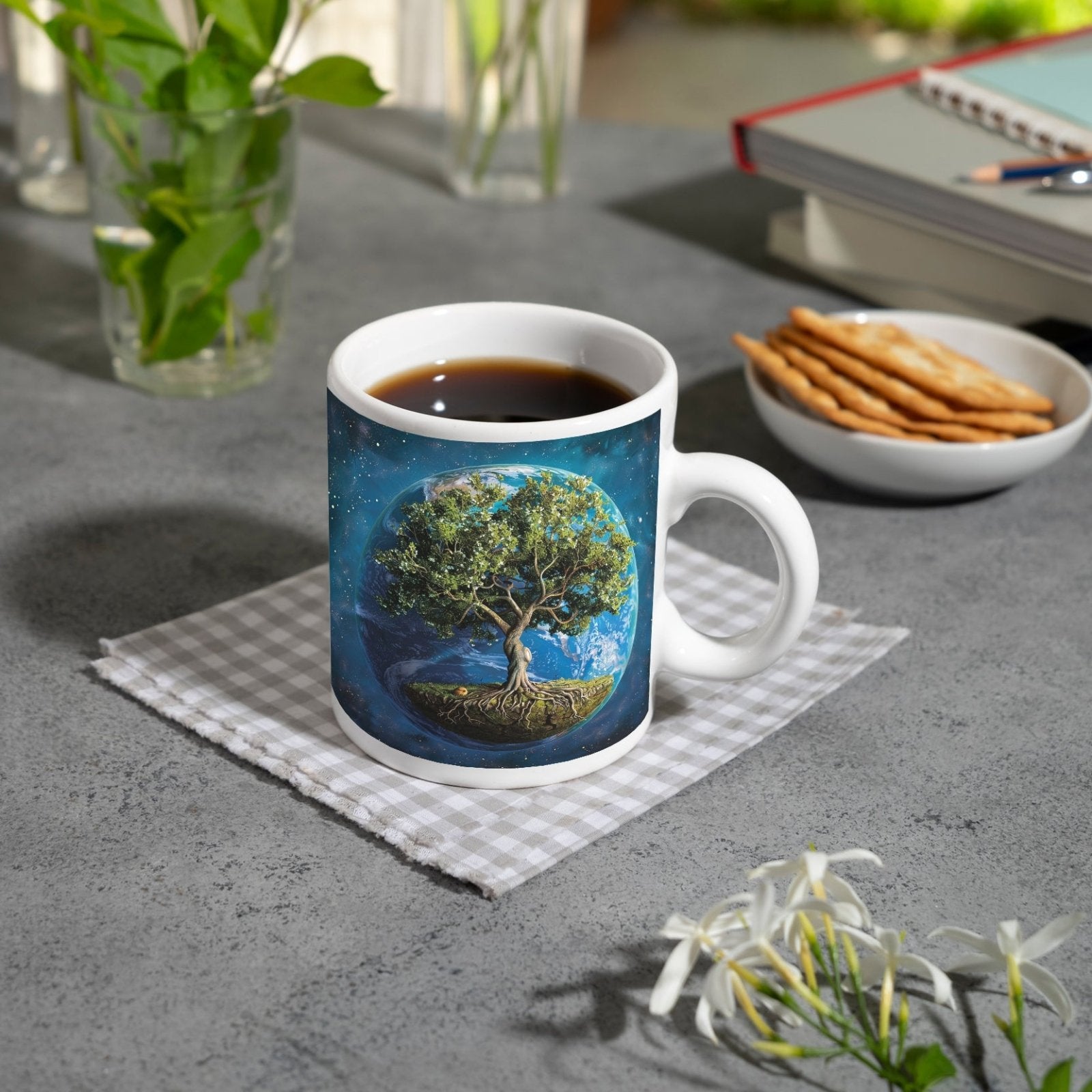 Motivtasse Ein Baum schwebt durchs All, tief verwurzelt im Sternenflug. - deyoli