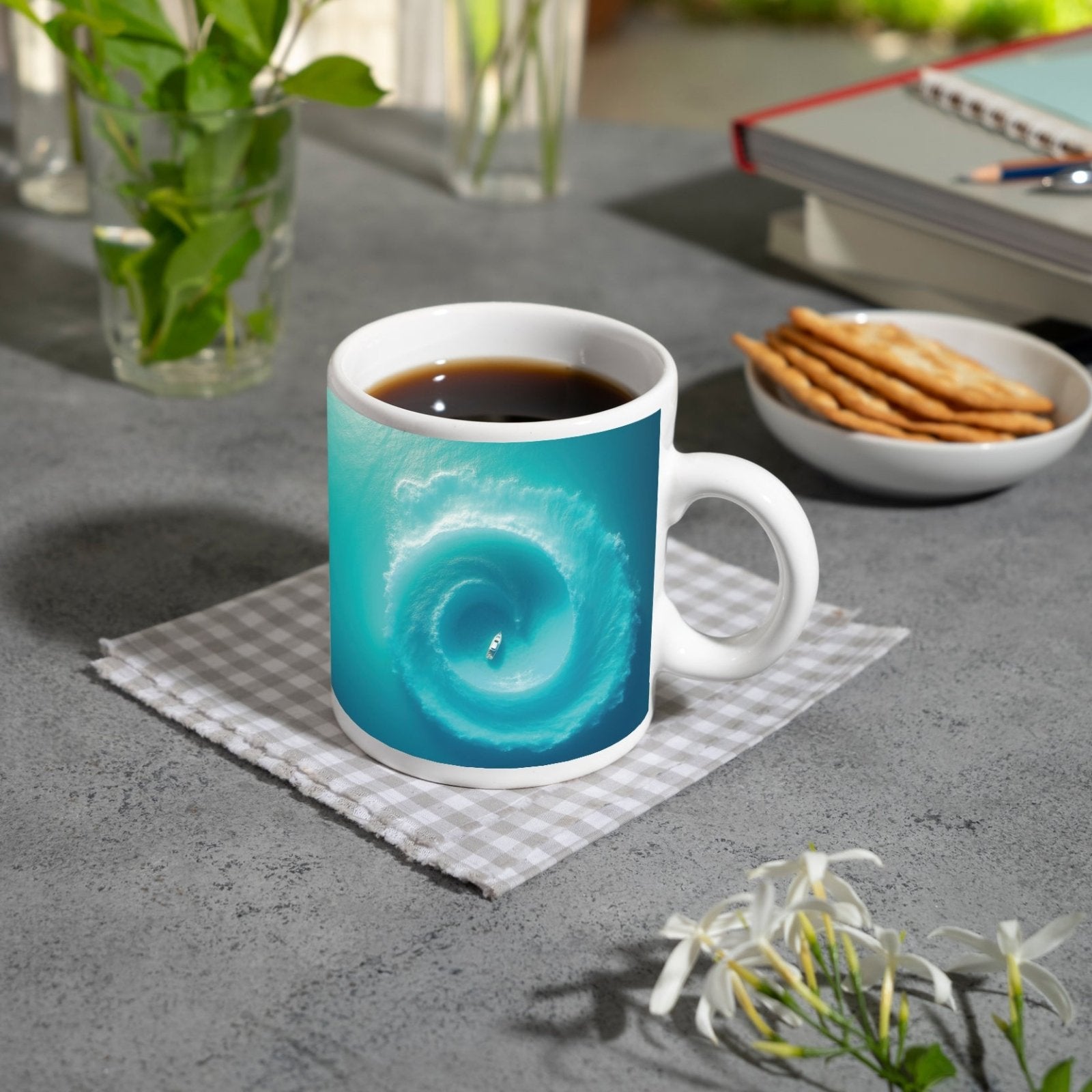 Motivtasse Ein Boot im Wirbel der Tiefe – still in der Bewegung. - deyoli