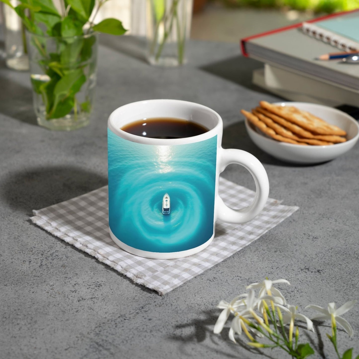 Motivtasse Ein Boot ruht im Zentrum leuchtender Wasserwellen. - deyoli