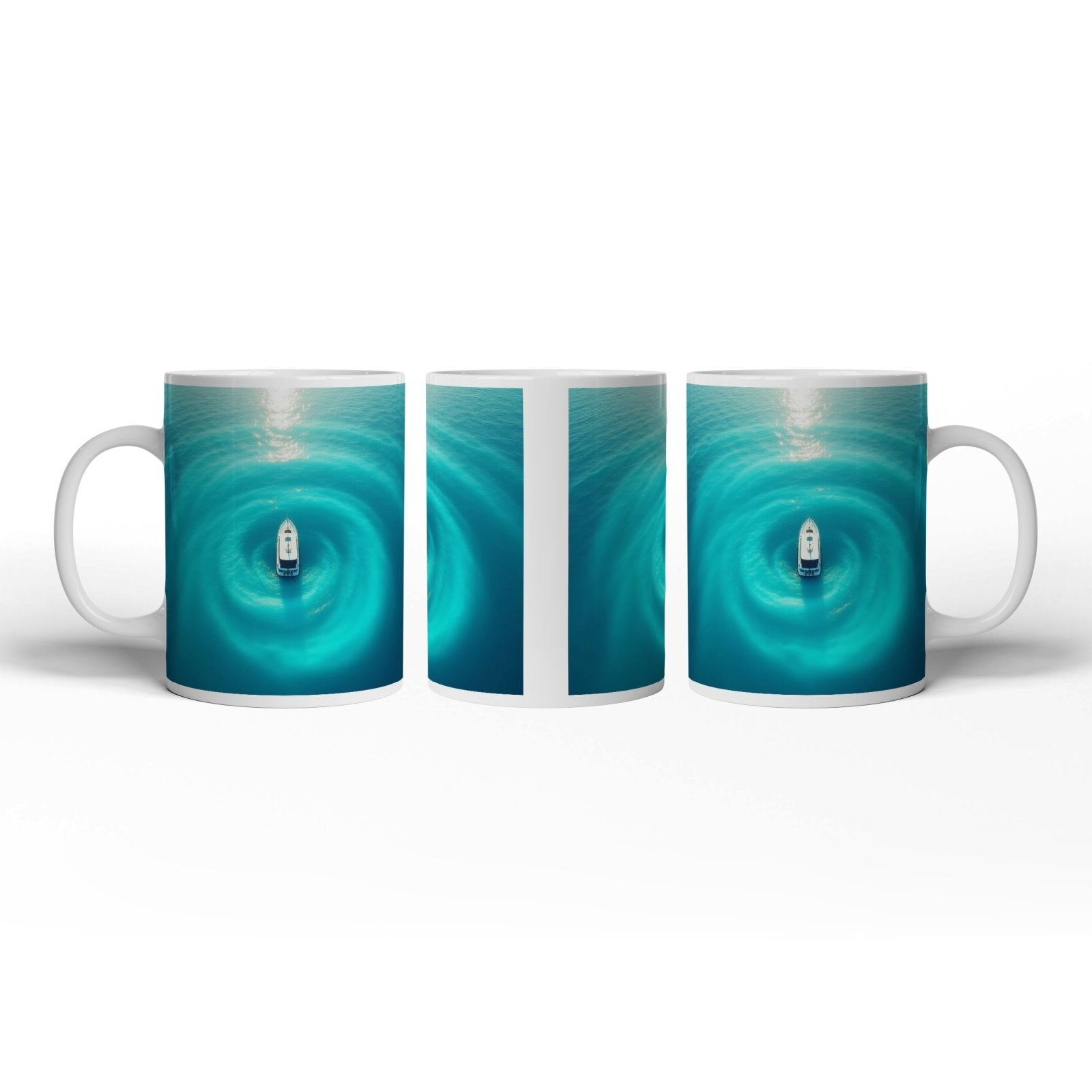 Motivtasse Ein Boot ruht im Zentrum leuchtender Wasserwellen. - deyoli