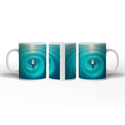 Motivtasse Ein Boot ruht im Zentrum leuchtender Wasserwellen. - deyoli