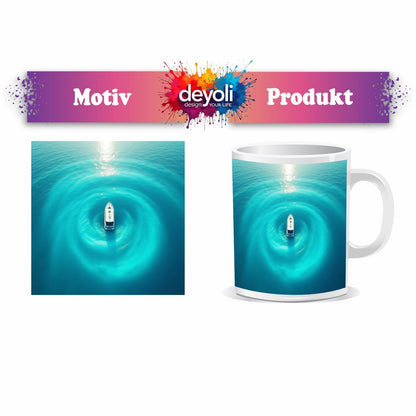 Motivtasse Ein Boot ruht im Zentrum leuchtender Wasserwellen. - deyoli