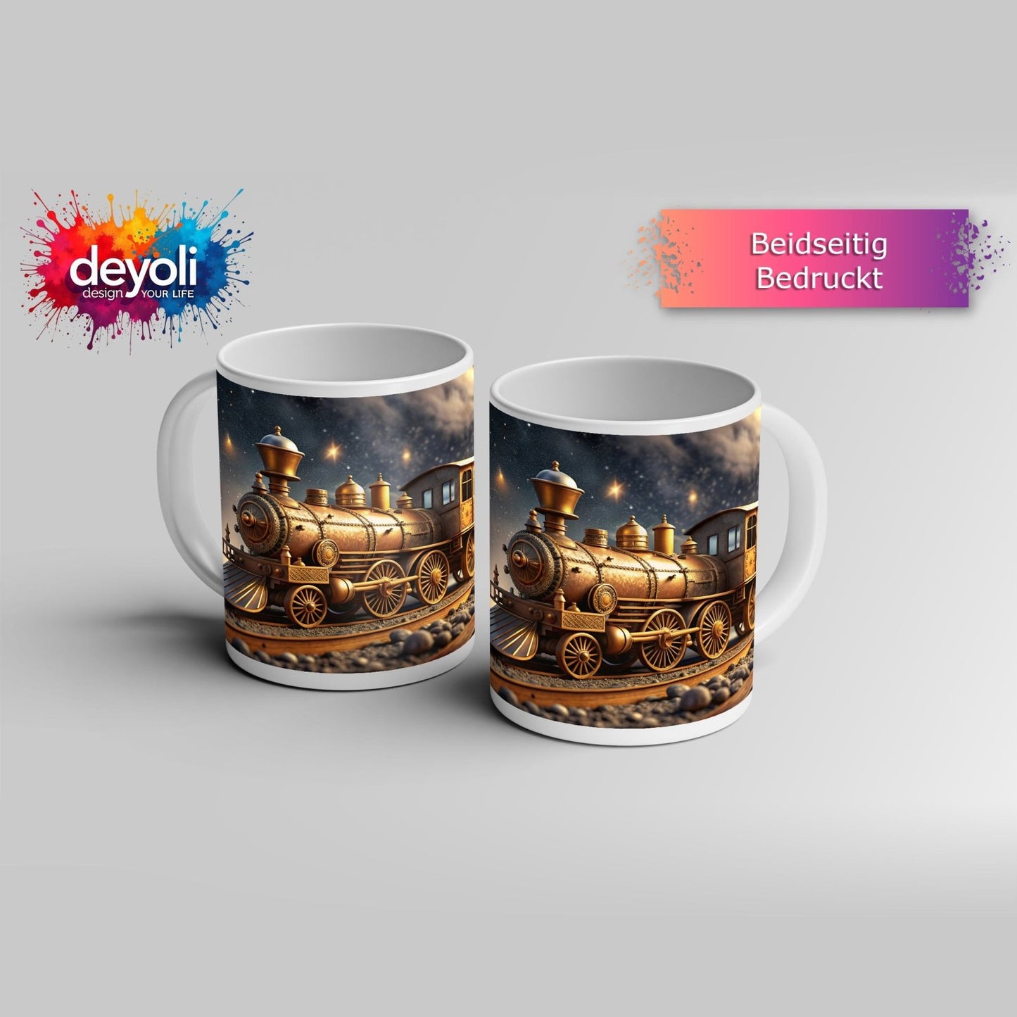 Motivtasse Ein goldener Zug rollt durch galaktische Träume. - deyoli