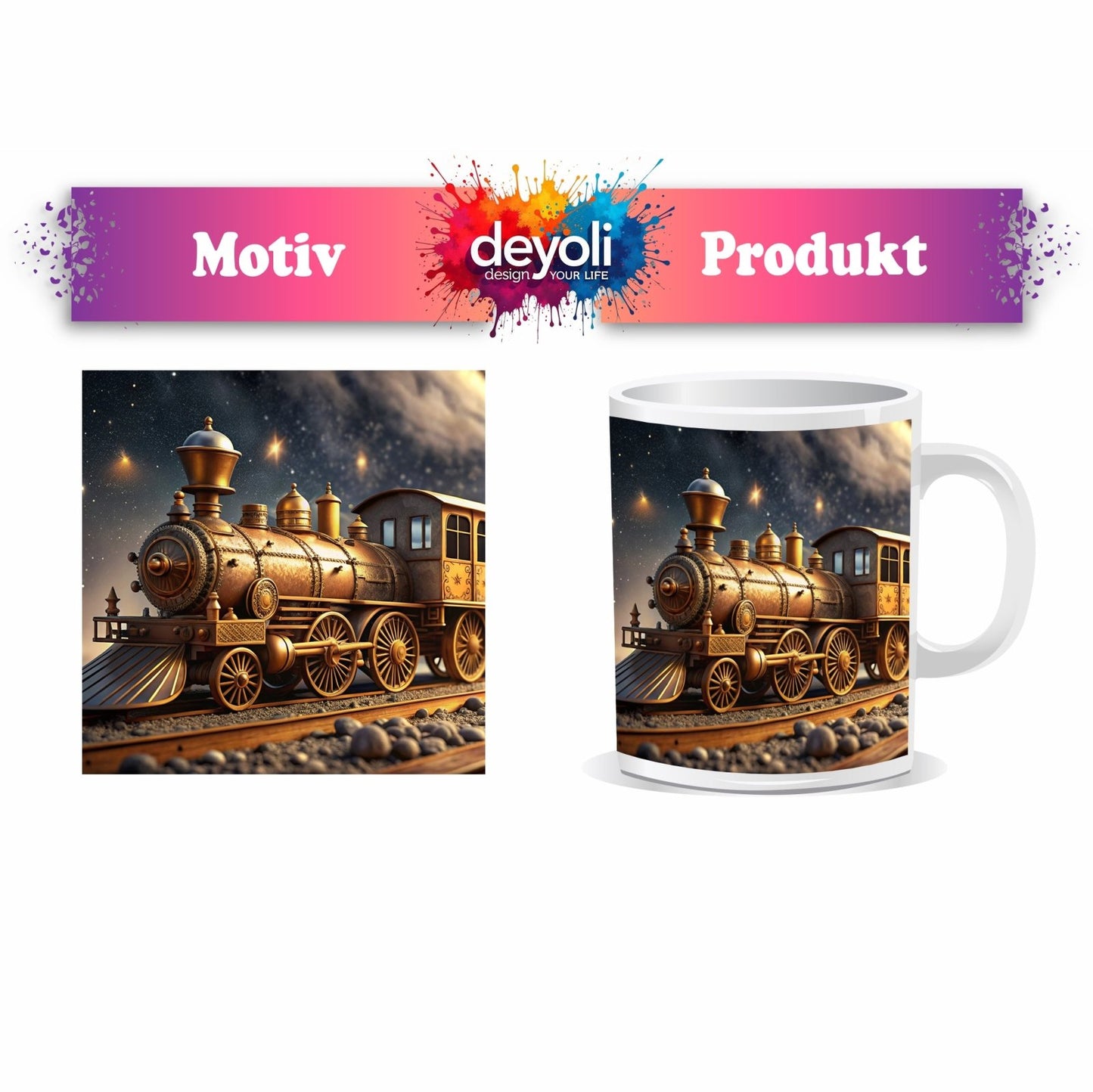 Motivtasse Ein goldener Zug rollt durch galaktische Träume. - deyoli