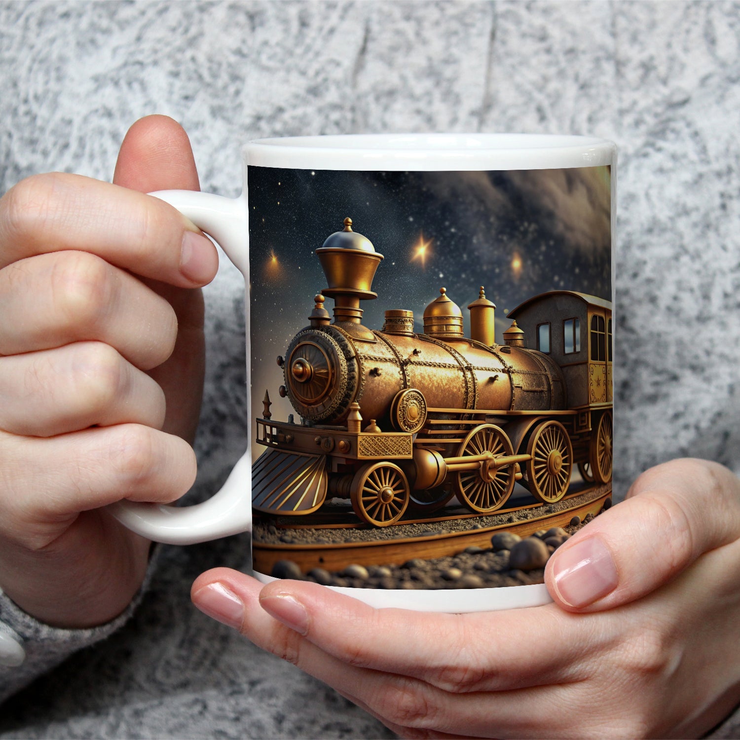 Motivtasse Ein goldener Zug rollt durch galaktische Träume. - deyoli
