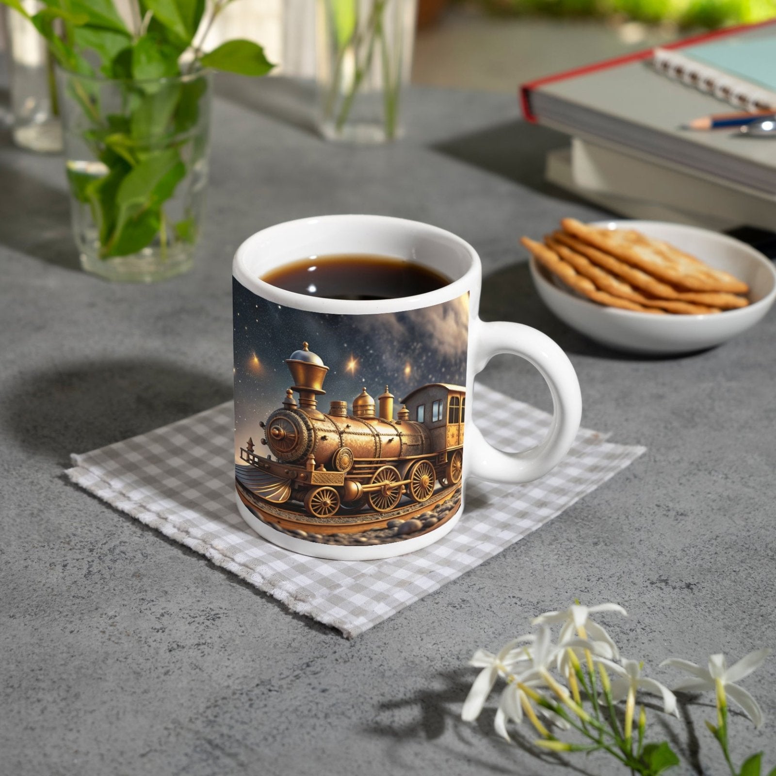 Motivtasse Ein goldener Zug rollt durch galaktische Träume. - deyoli