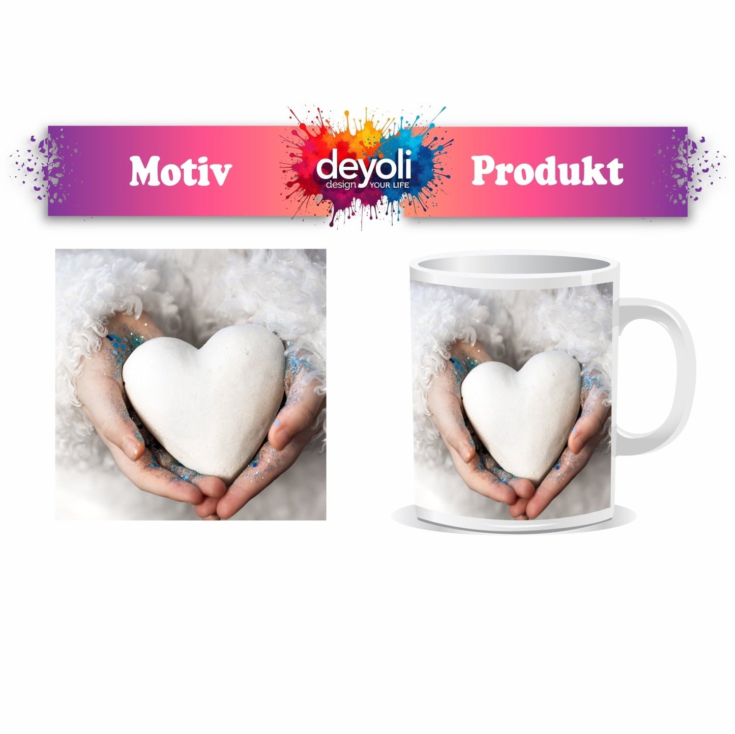 Motivtasse Ein Herz in Händen – gehalten mit Glitzer und Sanftmut. - deyoli