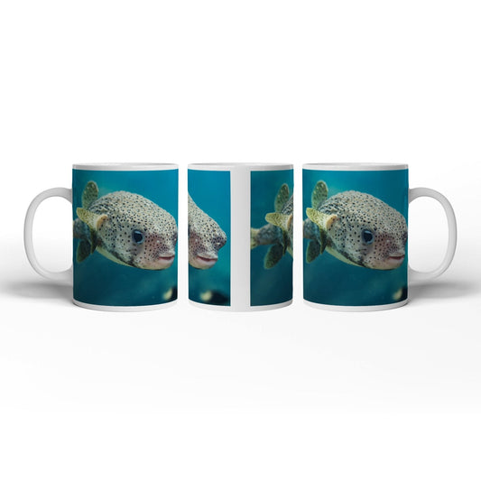Motivtasse Ein Kugelfisch blickt neugierig in die Tiefe. - deyoli