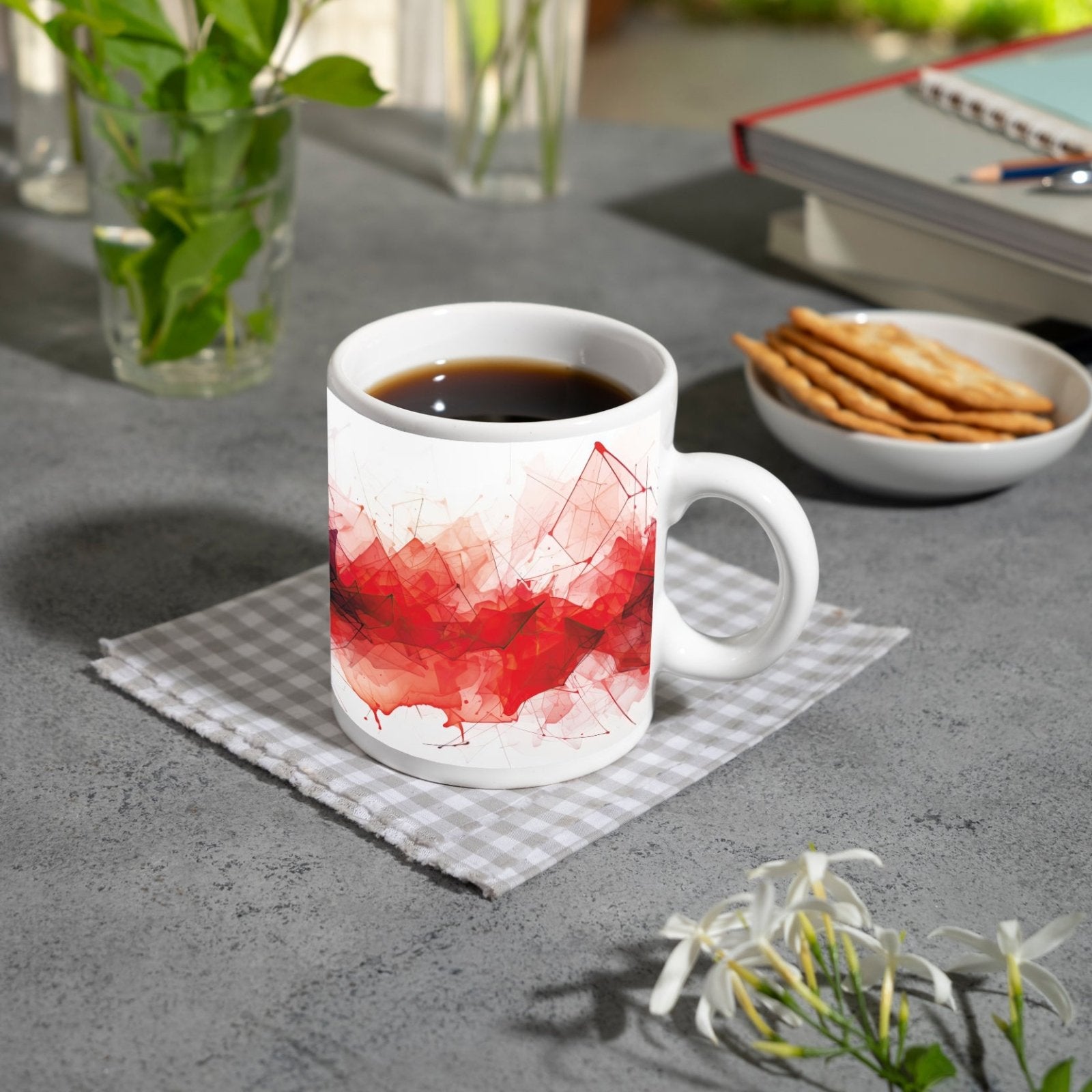 Motivtasse Ein Netz aus Rot spinnt sich wild in flüssiger Bewegung. - deyoli