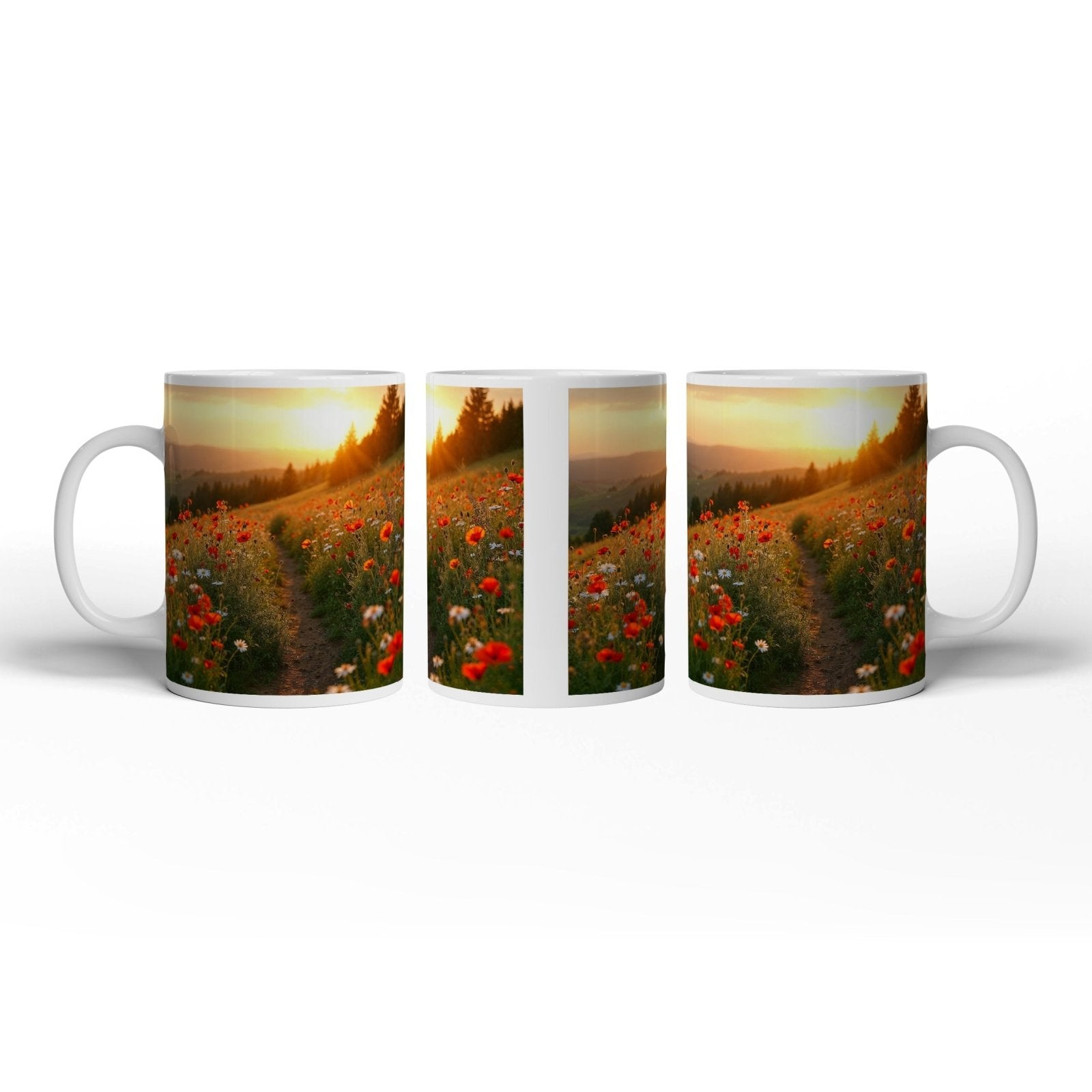 Motivtasse Ein Pfad aus Licht durch ein Mohnblumenmeer im Abendgold. - deyoli