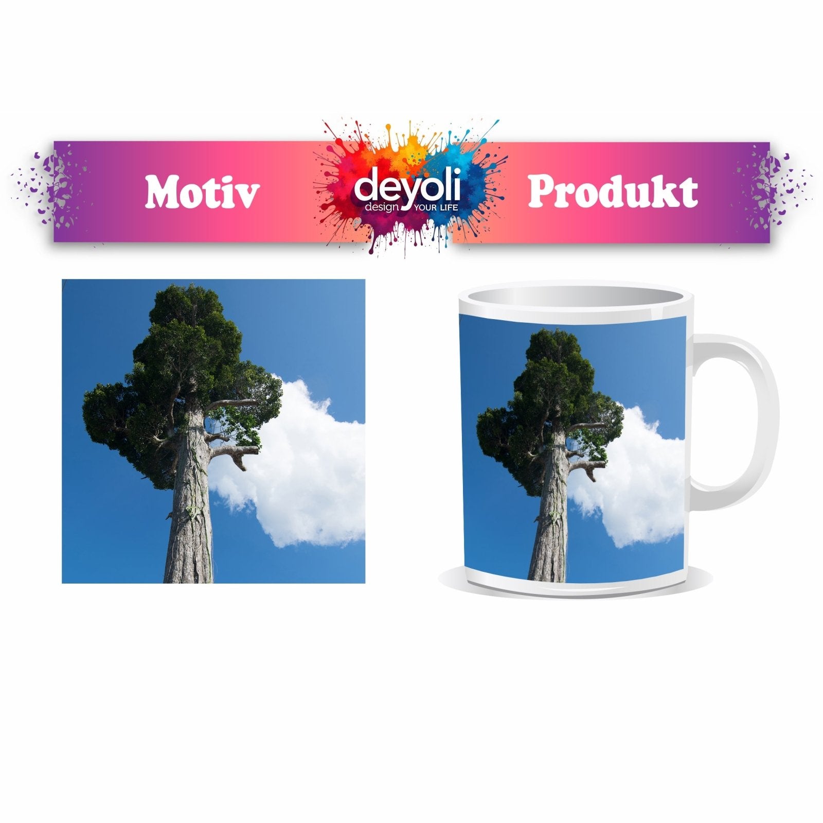 Motivtasse Ein Riese aus Holz streckt sich in den Himmel. - deyoli